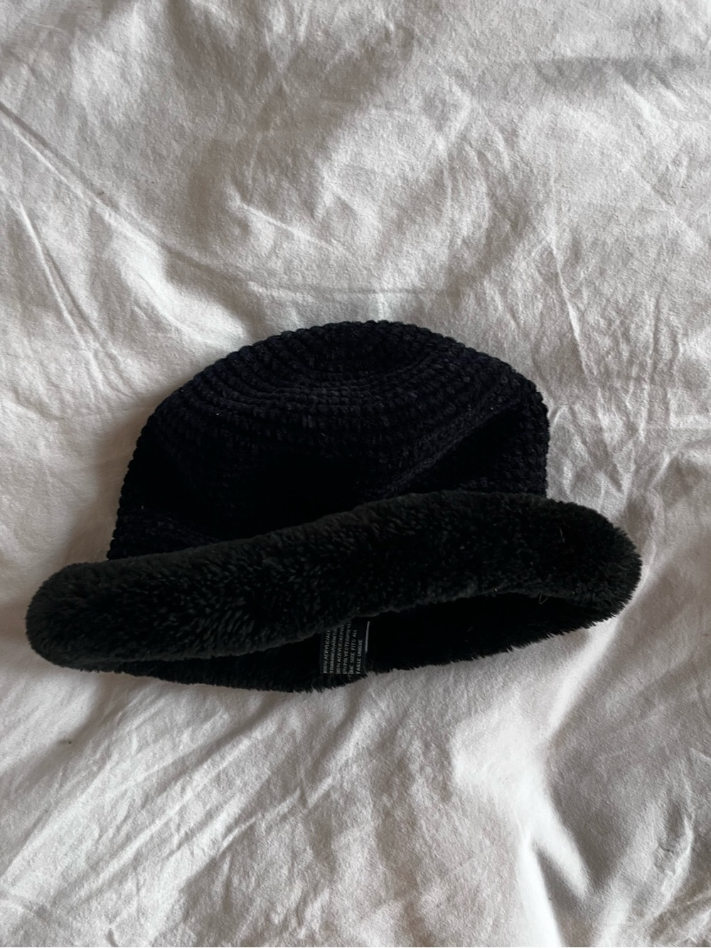 Black Velour Knit and Faux Fur Hat
